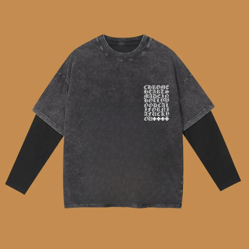 🅿️240 (Cooperation profit) High-end quality Chrome Hearts 2025SS spring and summer wear Fake two-piece washed snowflake series Sanskrit fake two-piece long T-shirt Adopt imported Kornit digital direct printing printing High-quality trendy brand 100% cotton washed 260G fabric dyed ready-made garments dyed ➕washed fried snowflake OS loose off-shoulder version Unisex size: S.M.L.XL.2XL